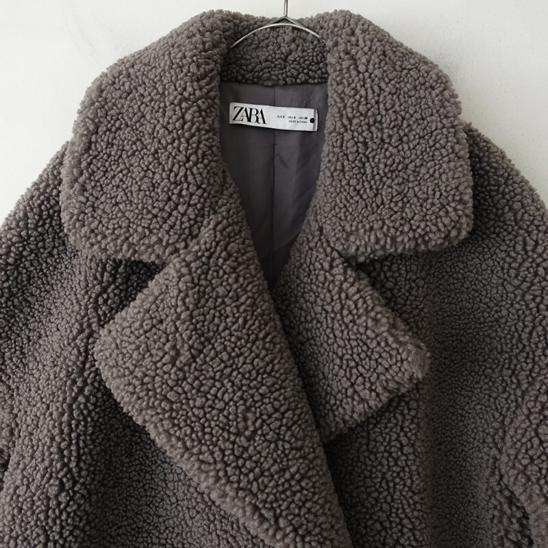 ザラ ZARA*ボアロングコート*Sグレーポリエステルチェスターコートテーラードカラーダブルブレスト裏地付き(jk2-2511-21)【82K52】_画像6