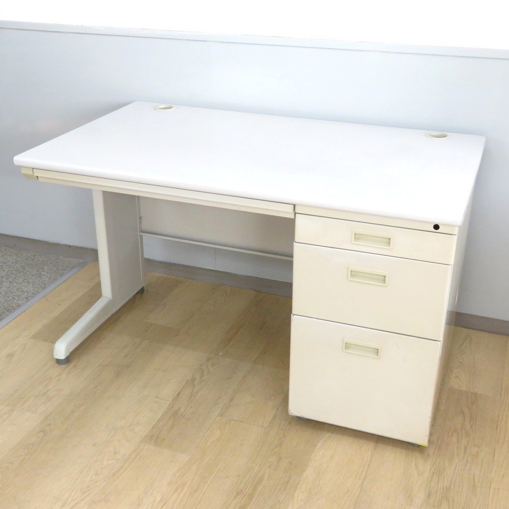 片袖デスク グレー 事務机 シンプル アジャスター 書類整理 引き出し 収納 配線口 ワーク YH19615 中古オフィス家具_画像1