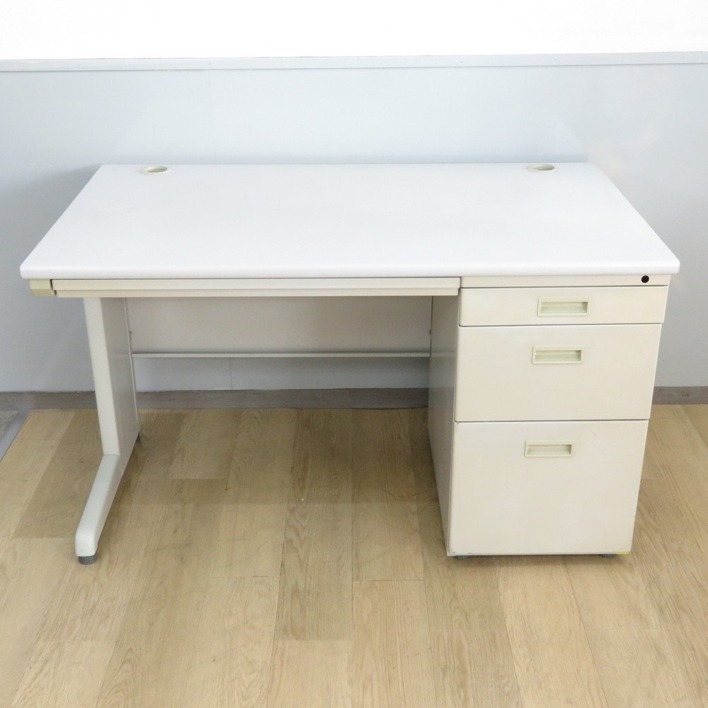 片袖デスク グレー 事務机 シンプル アジャスター 書類整理 引き出し 収納 配線口 ワーク YH19615 中古オフィス家具_画像2