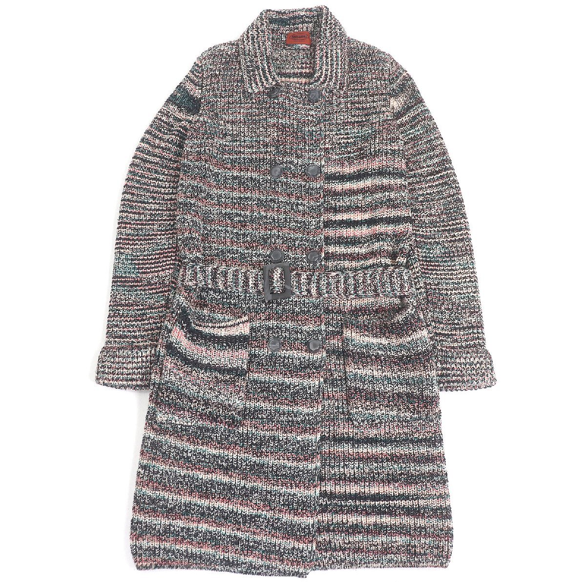 極美品□Missoni ミッソーニ ウール100％ ベルテッド ニットコート ロングカーディガン マルチカラー 42 イタリア製 正規品 メンズ_画像1