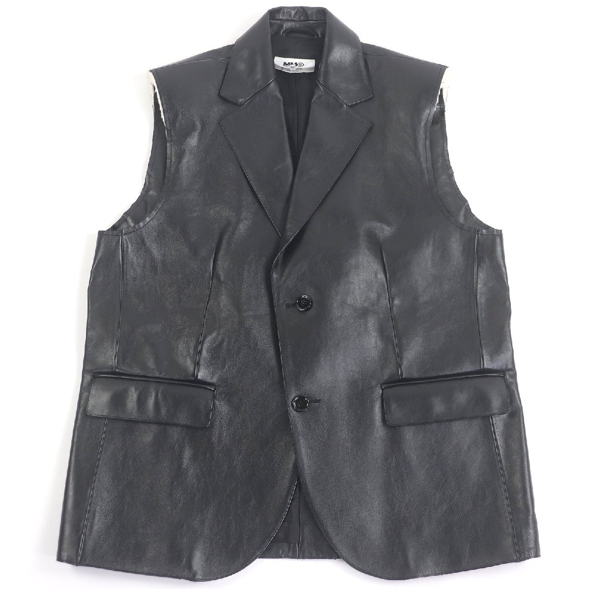 極美品□MM6 Maison Margiela エムエムシックス メゾンマルジェラ 23SS S52FB0076 羊革 レザーベスト ジレ 黒 44 イタリア製 正規品_画像1