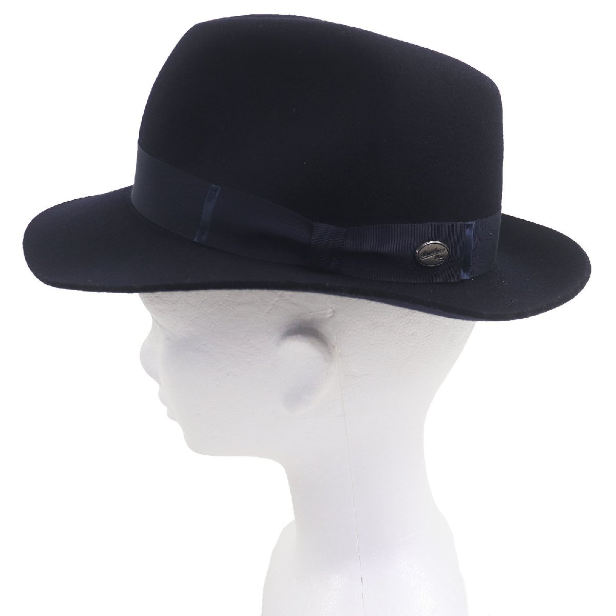 美品□Borsalino ボルサリーノ ウール100% リボン付き フェルトハット フェドラハット ソフト帽 ネイビー 57 イタリア製　メンズ 正規品_画像2