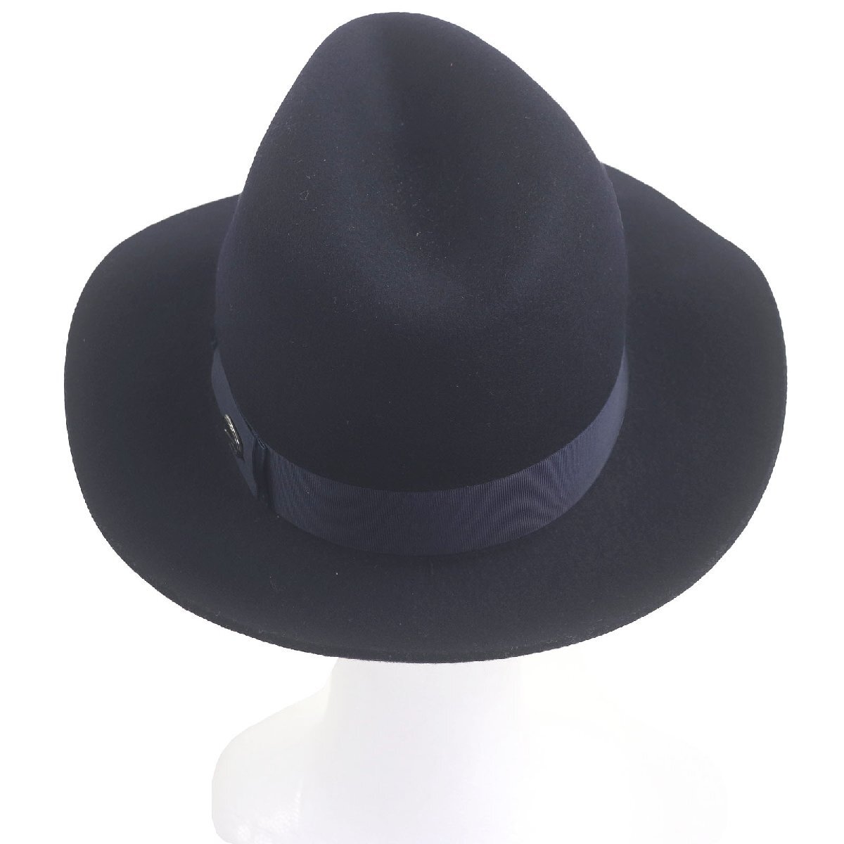 美品□Borsalino ボルサリーノ ウール100% リボン付き フェルトハット フェドラハット ソフト帽 ネイビー 57 イタリア製　メンズ 正規品_画像3