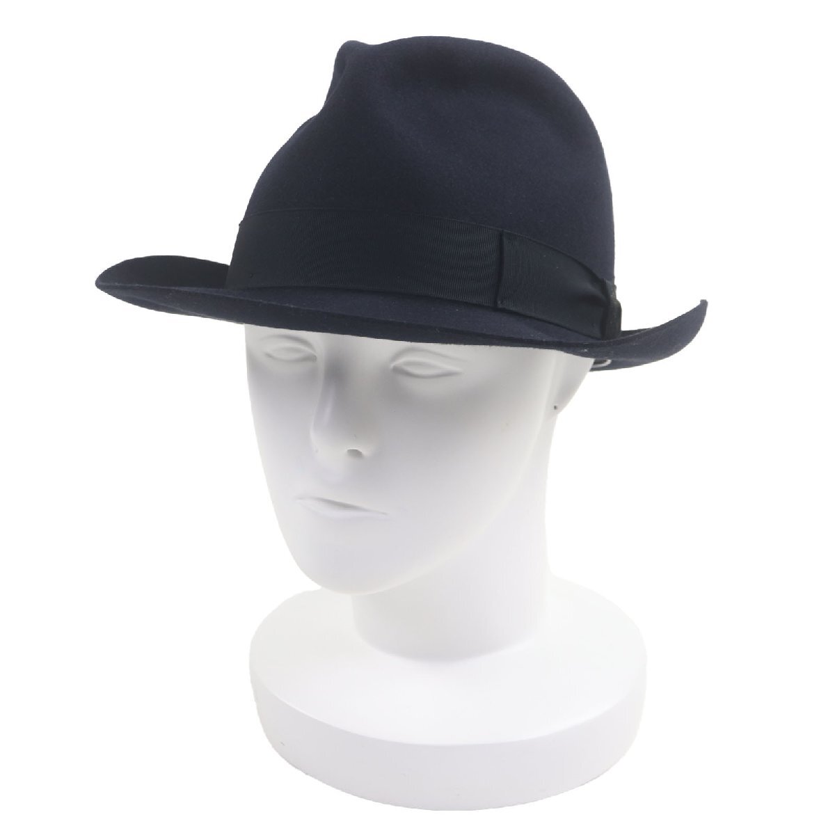 極美品▼Borsalino ボルサリーノ 1857 ウール100% ラビットフェルト ロゴ入りリボン 中折れ帽子 ハット ネイビー 57 伊製 正規品 メンズ_画像2