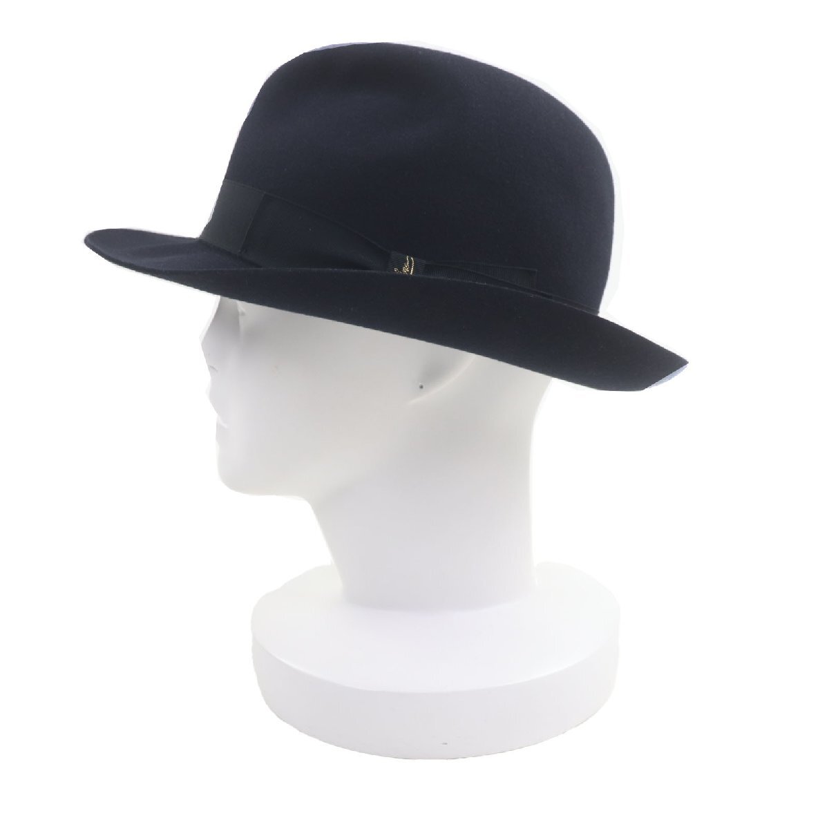 極美品▼Borsalino ボルサリーノ 1857 ウール100% ラビットフェルト ロゴ入りリボン 中折れ帽子 ハット ネイビー 57 伊製 正規品 メンズ_画像3