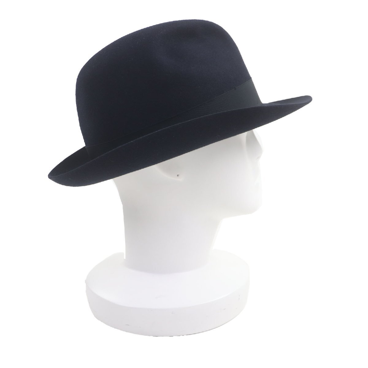 極美品▼Borsalino ボルサリーノ 1857 ウール100% ラビットフェルト ロゴ入りリボン 中折れ帽子 ハット ネイビー 57 伊製 正規品 メンズ_画像5