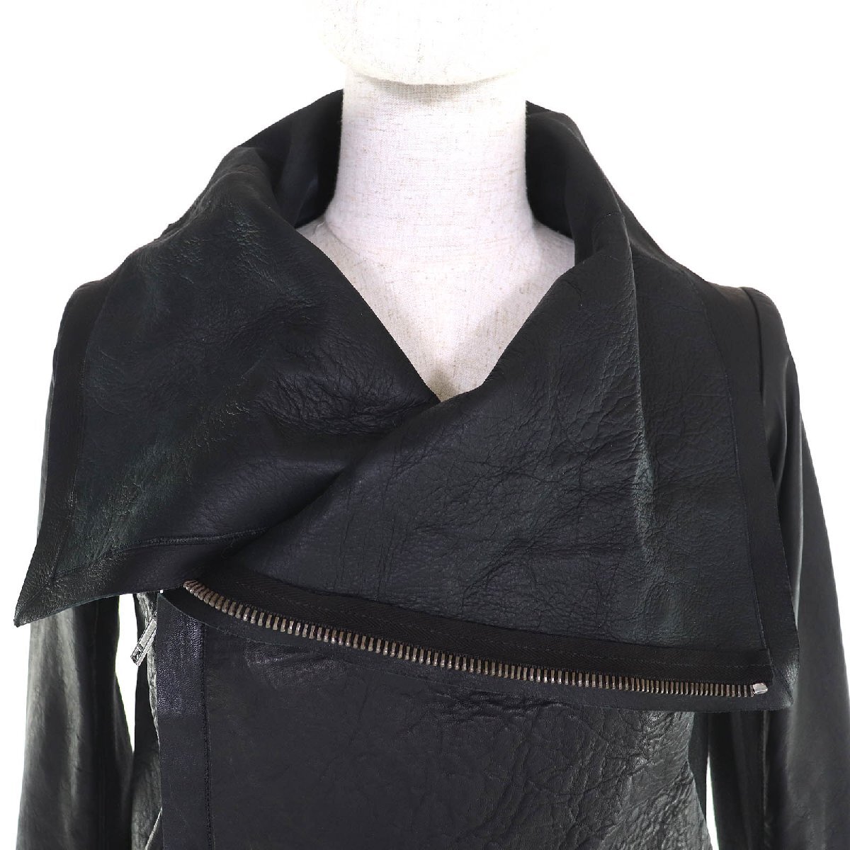 美品△Rick Owens リックオウエンス RP3718 ラムスキン カーフスキン 一部ニット使 スタンドカラー レザージャケット ブラック 38 正規品_画像4