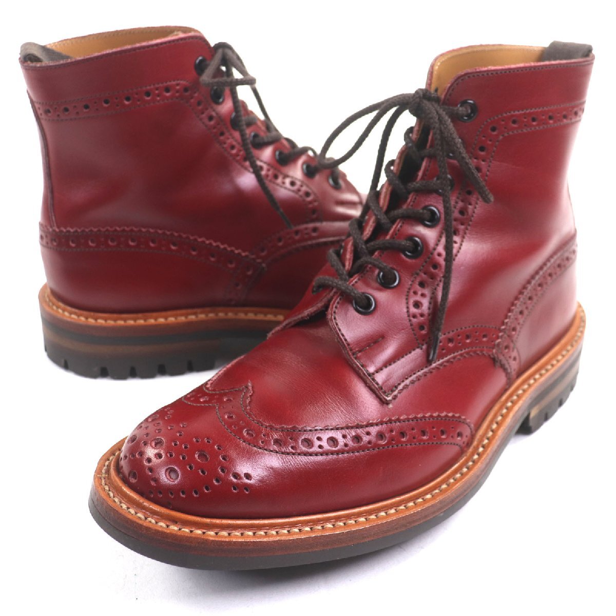 美品▼Tricker's トリッカーズ M2508 MALTON モルトン レザー ウィングチップ レースアップ カントリーブーツ レッド 7 箱付き メンズ_画像1