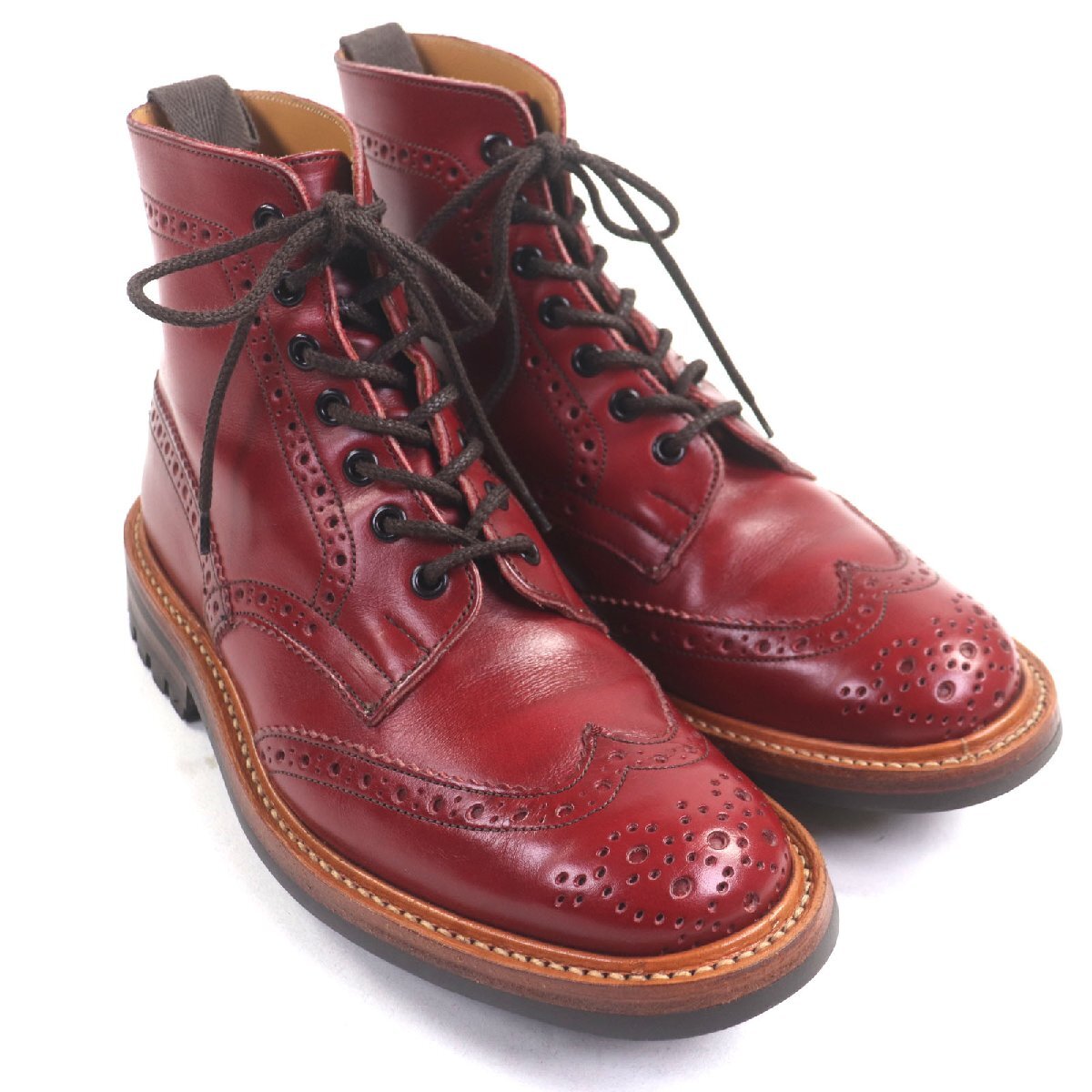 美品▼Tricker's トリッカーズ M2508 MALTON モルトン レザー ウィングチップ レースアップ カントリーブーツ レッド 7 箱付き メンズ_画像3