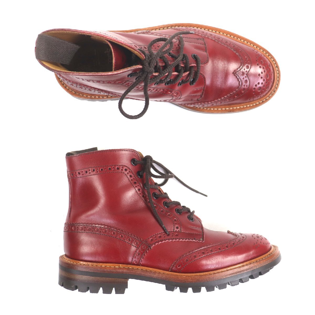 美品▼Tricker's トリッカーズ M2508 MALTON モルトン レザー ウィングチップ レースアップ カントリーブーツ レッド 7 箱付き メンズ_画像6