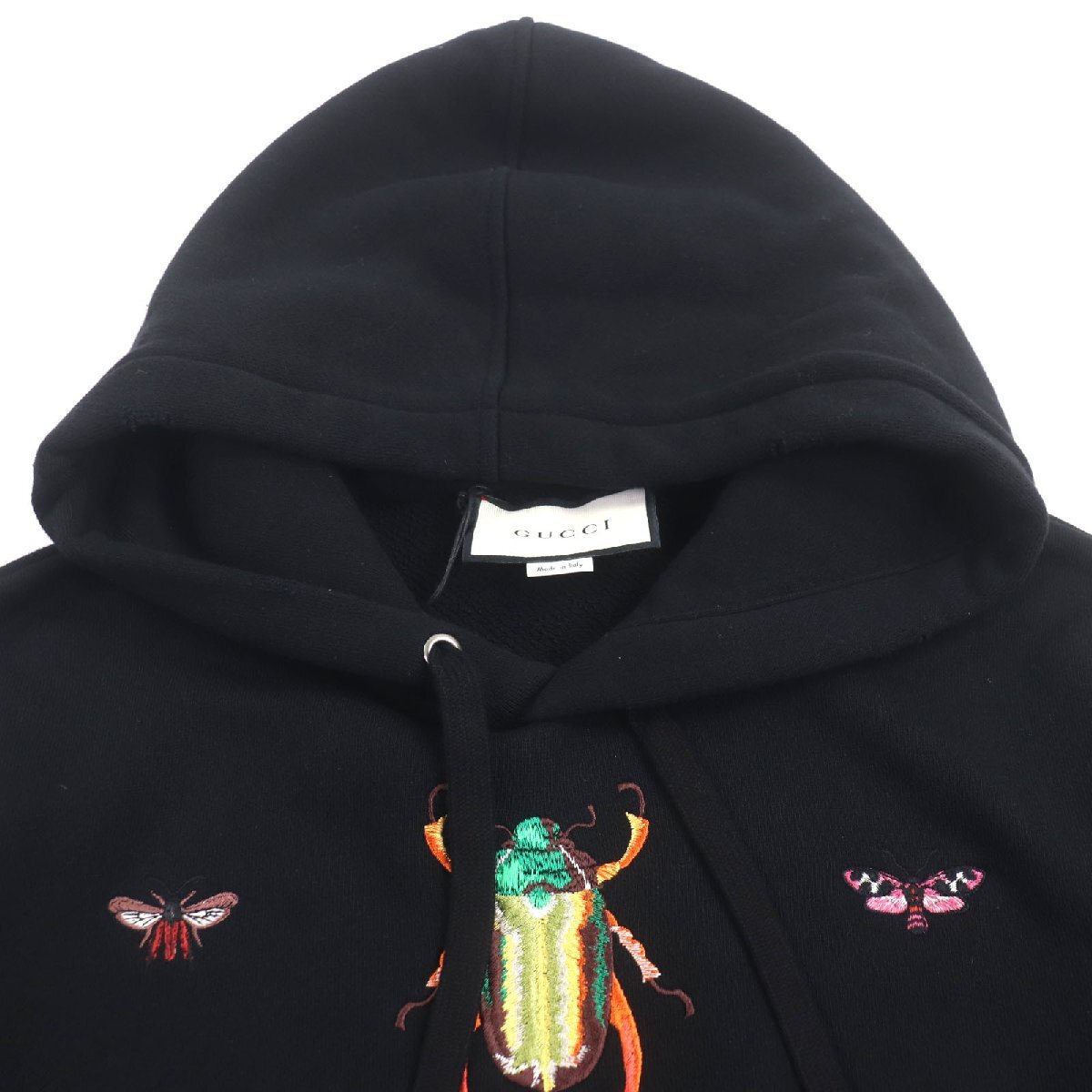 極美品▼GUCCI グッチ 475374 コットン100% USED加工 昆虫刺繍 プルオーバー パーカー ブラック S イタリア製 正規品 メンズ_画像2