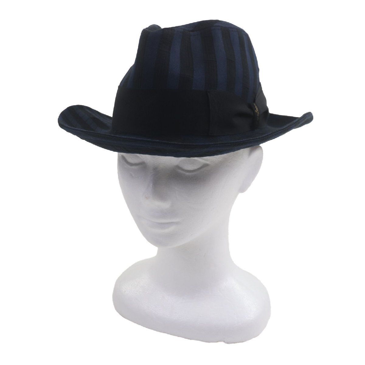 美品▼Borsalino ボルサリーノ ストライプ柄 ロゴ入りリボン 中折れ帽子 ハット ネイビー ブラック 57 イタリア製 正規品 メンズ_画像2