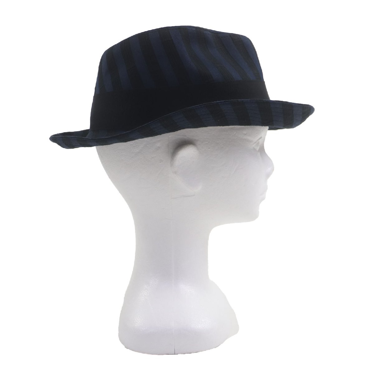 美品▼Borsalino ボルサリーノ ストライプ柄 ロゴ入りリボン 中折れ帽子 ハット ネイビー ブラック 57 イタリア製 正規品 メンズ_画像5