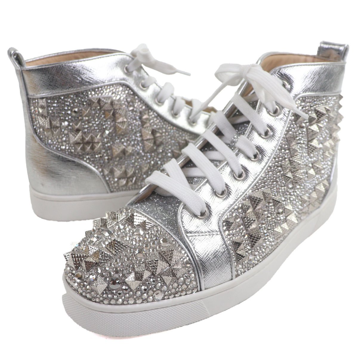 極美品▼Christian Louboutin クリスチャンルブタン LOUIS MAX FLAT レザー グリッター クリスタル スパイク ハイカットスニーカー 41.5_画像1