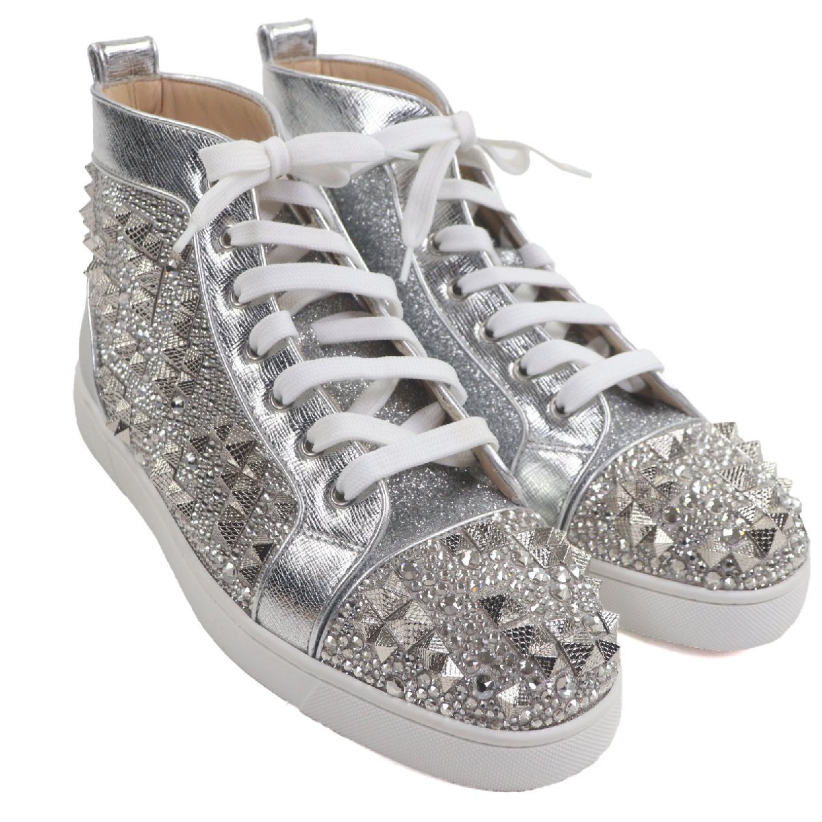 極美品▼Christian Louboutin クリスチャンルブタン LOUIS MAX FLAT レザー グリッター クリスタル スパイク ハイカットスニーカー 41.5_画像3