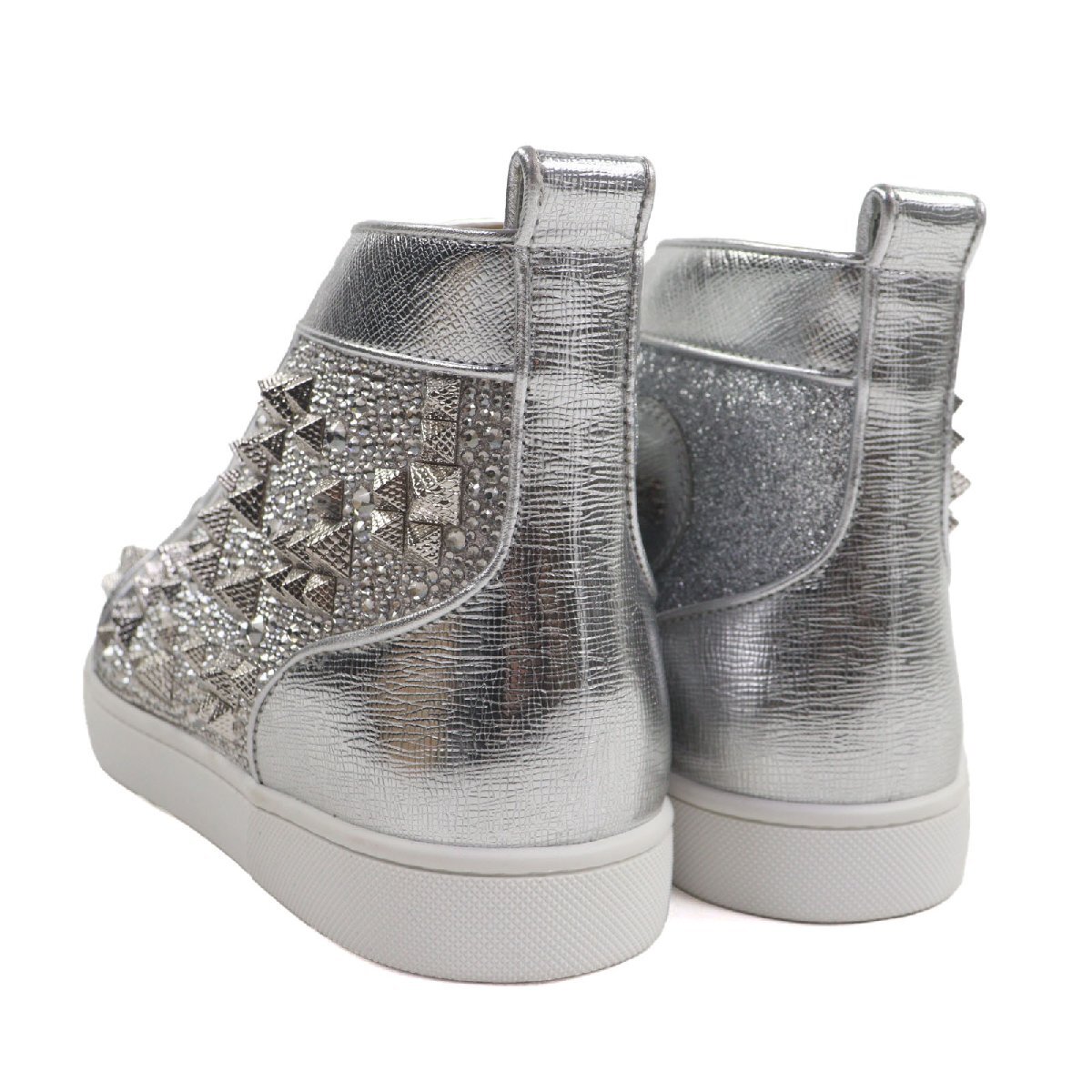 極美品▼Christian Louboutin クリスチャンルブタン LOUIS MAX FLAT レザー グリッター クリスタル スパイク ハイカットスニーカー 41.5_画像4