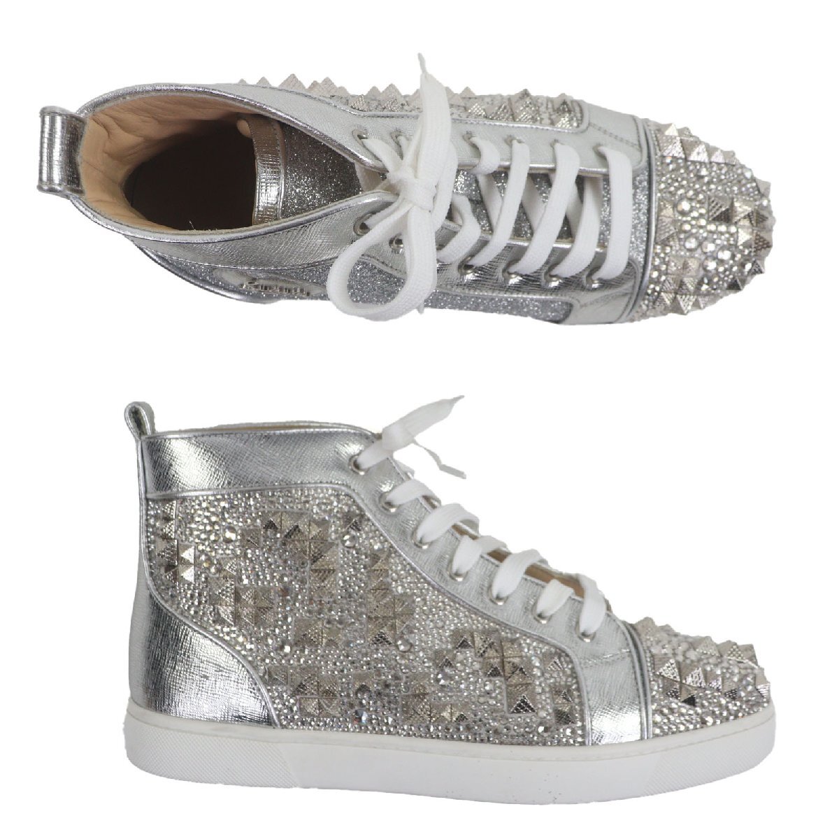 極美品▼Christian Louboutin クリスチャンルブタン LOUIS MAX FLAT レザー グリッター クリスタル スパイク ハイカットスニーカー 41.5_画像6