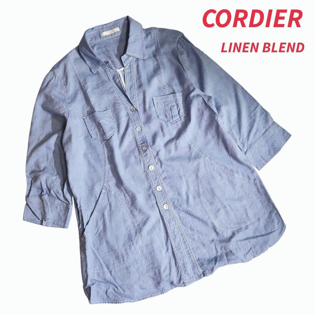 CORDIER 麻ブレンド・シャンブレー 羽織り シャツジャケット 貝殻ボタン ライトブルー リネン混 レーヨン 84729_画像1