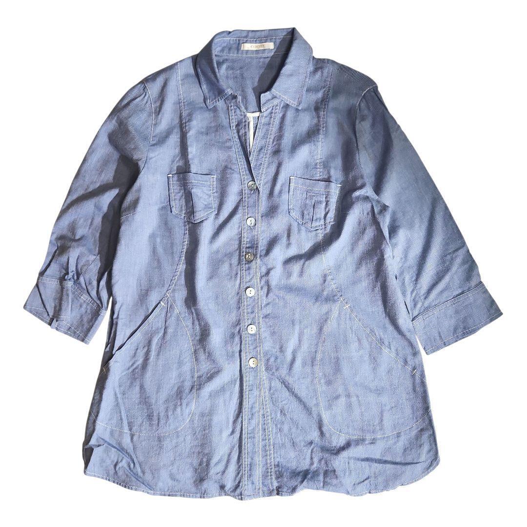 CORDIER 麻ブレンド・シャンブレー 羽織り シャツジャケット 貝殻ボタン ライトブルー リネン混 レーヨン 84729_画像2