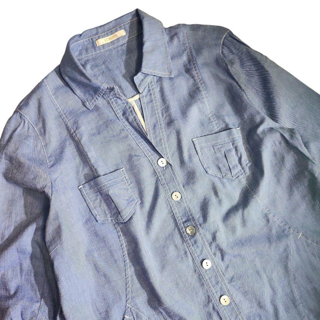 CORDIER 麻ブレンド・シャンブレー 羽織り シャツジャケット 貝殻ボタン ライトブルー リネン混 レーヨン 84729_画像3