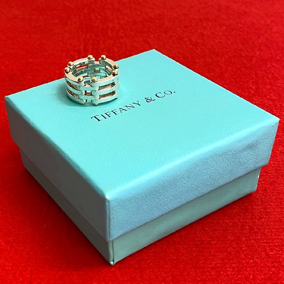 極 美品 TIFFANY&Co. ティファニー ゲートリング シルバー925 K18ゴールド 指輪 12号 メンズ アクセサリー シルバー ゴールド 66492_画像1