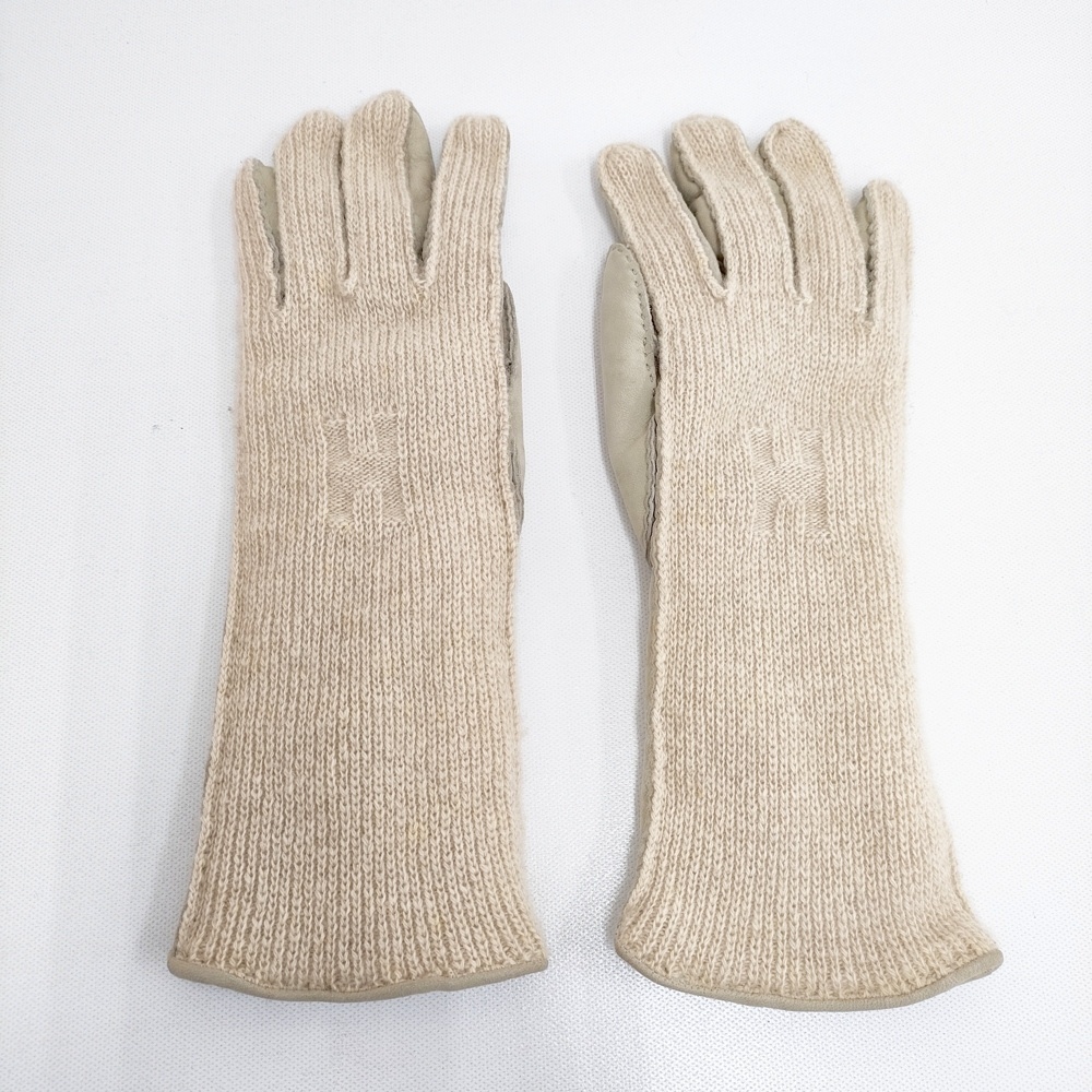 5-1117T◎HERMES レザー/カシミヤ Hロゴ サイズ6 1/2 手袋 ベージュ エルメス 268782_画像1