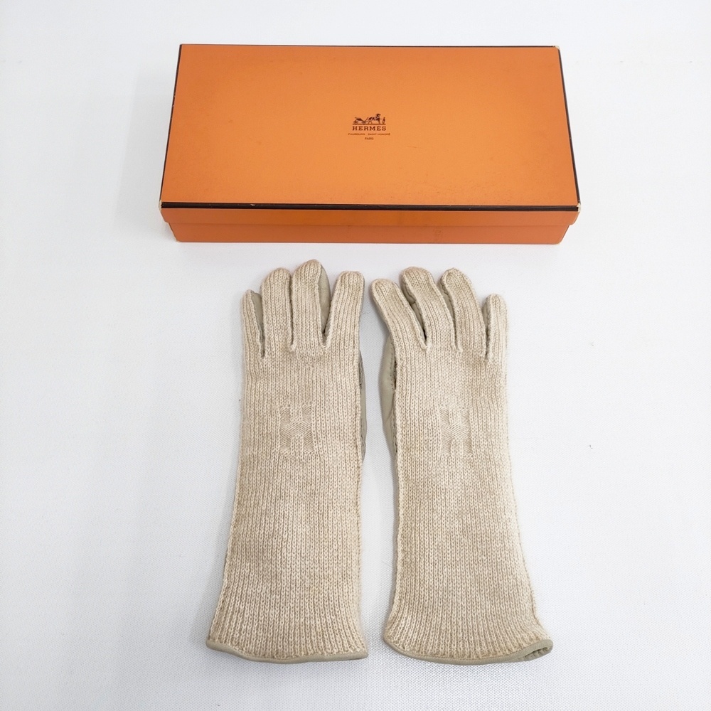 5-1117T◎HERMES レザー/カシミヤ Hロゴ サイズ6 1/2 手袋 ベージュ エルメス 268782_画像8