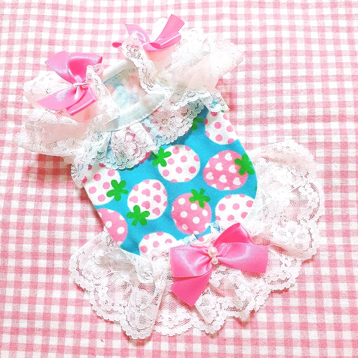 ピンクリボン♪苺キャミワンピース♪5S/胴22丈14_画像1