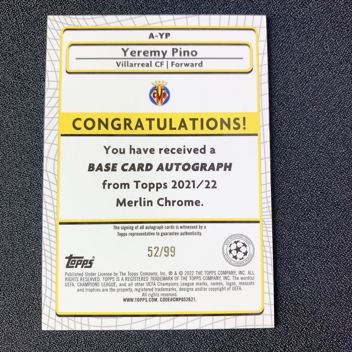 1円スタート【ジェレミ・ピノ】99シリ　 Auto 直筆サインカード Topps Chrome Merlin RC MOJO クリスタルパレス　スペイン　ビジャレアル_画像2