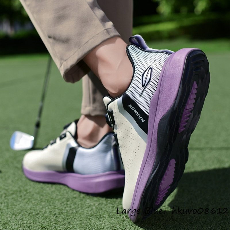 超希少★メンズ ゴルフシューズ ダイヤル式 BOA スパイクレス スニーカー スポーツシューズ 運動靴 快適 防水 耐久性 防水 パープル 27.5cm_画像8