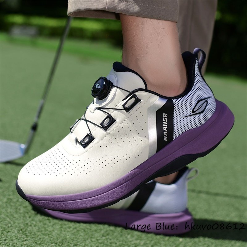 超希少★メンズ ゴルフシューズ ダイヤル式 BOA スパイクレス スニーカー スポーツシューズ 運動靴 快適 防水 耐久性 防水 パープル 27.5cm_画像5