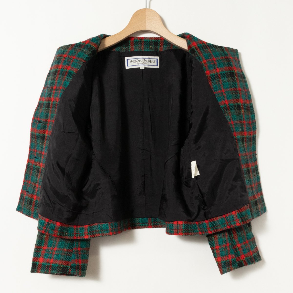 YVES SAINT LAURENT イヴ サンローラン レディース ノーカラージャケット チェック柄 グリーン レッド ブラック 毛 ナイロン サイズM_画像5