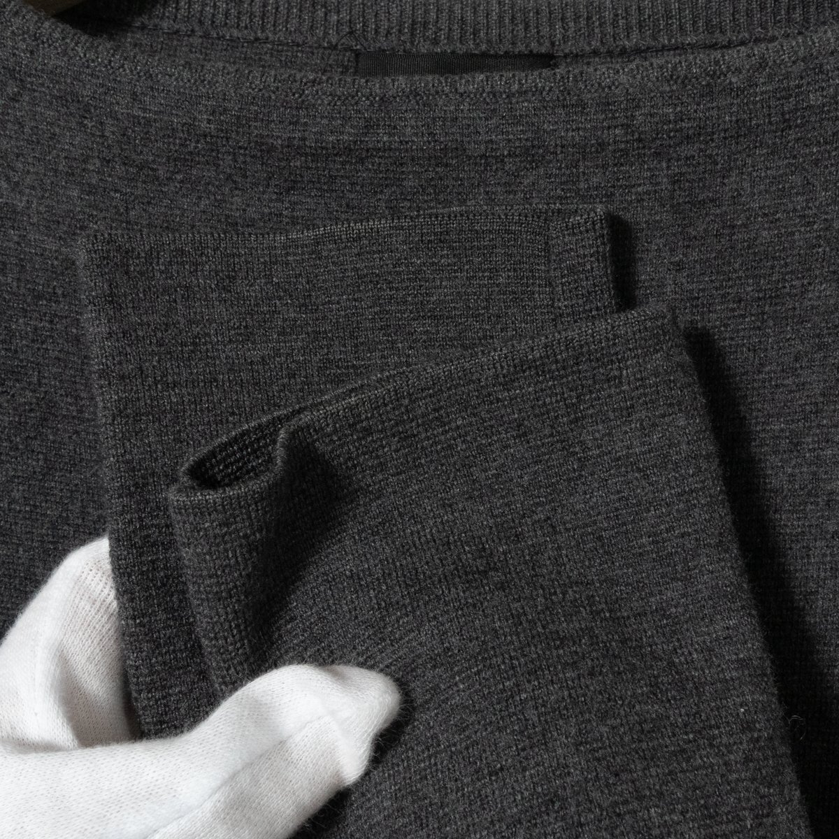 Drawer ドゥロワー レディース 七分袖 ニットワンピース ボートネック ミラノリブ チュニック ダークグレー サイズ1 サイドボタン 毛100％_画像5