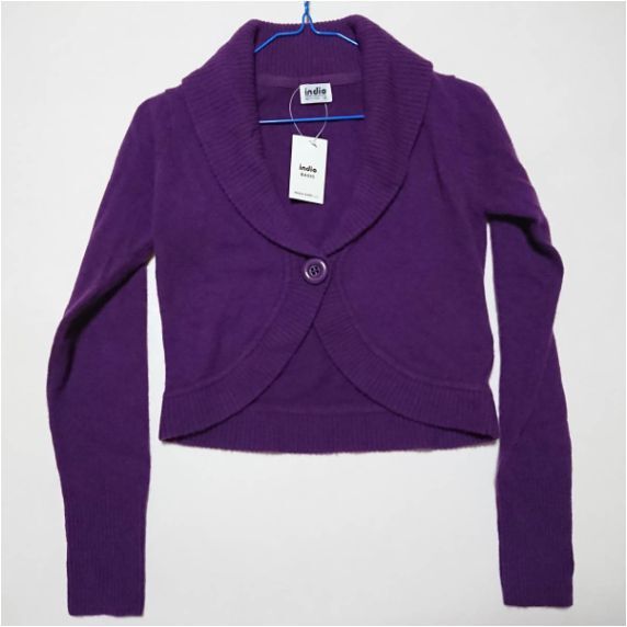 indio インディオ ショート丈 カーディガン Ｍ パープル ニット ショールカラー ボレロ_画像1