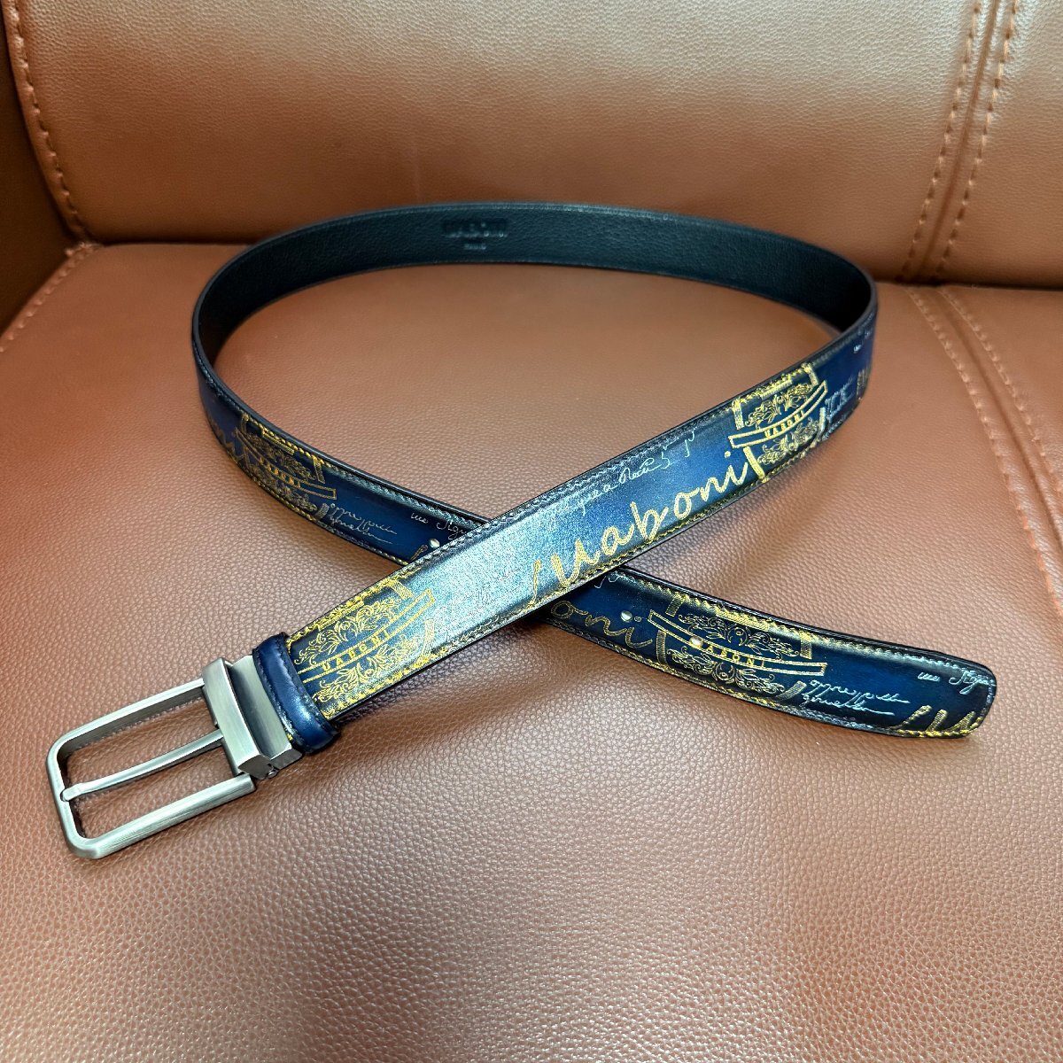 貴重品 EU製 定価9万◆UABONI*ユアボニ*幻のパティーヌ*ベルト◆本革 レザー カーフスキン 手染 ゴールデン 調節可能 ビジネス 紳士_画像3