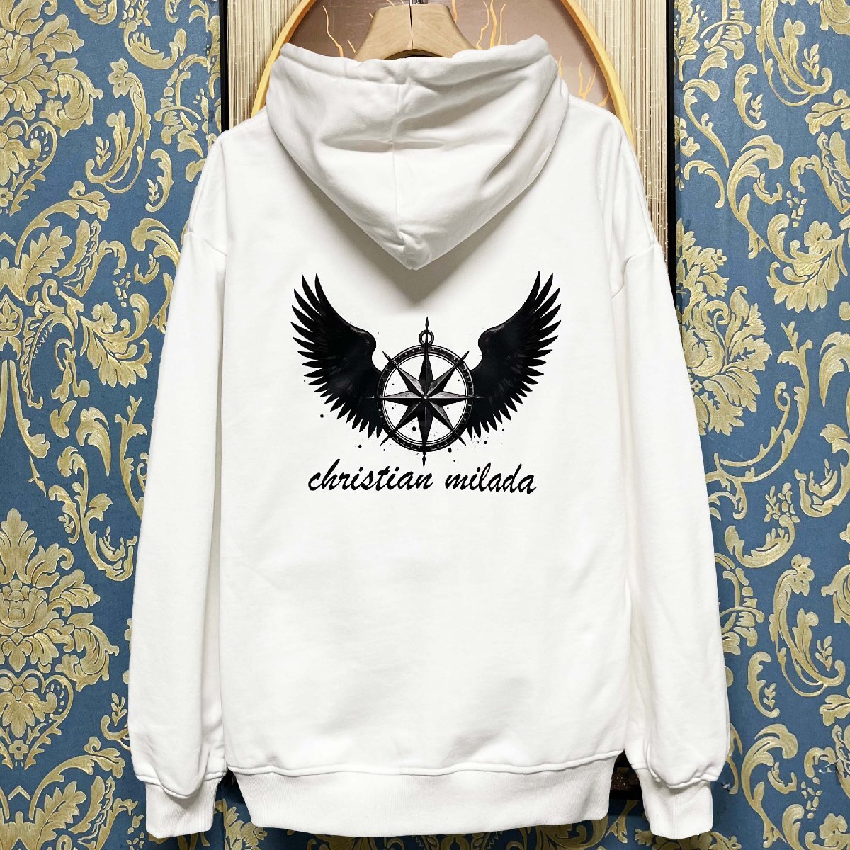 定価4万★christian milada・ミラノ発・パーカー★コットン100% ソフト 翼柄 カッコイイ ストリート スウェット トレーナー 春秋 XL/50_画像1