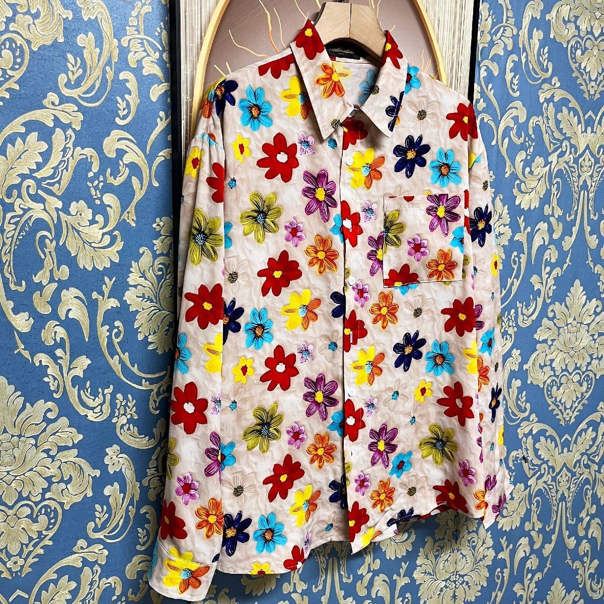 定価4万★christian milada・ミラノ発・長袖 シャツ★高級シルク混 ソフト 滑らか ゆったり 総柄 折り襟 トップス カジュアル XL/50_画像9