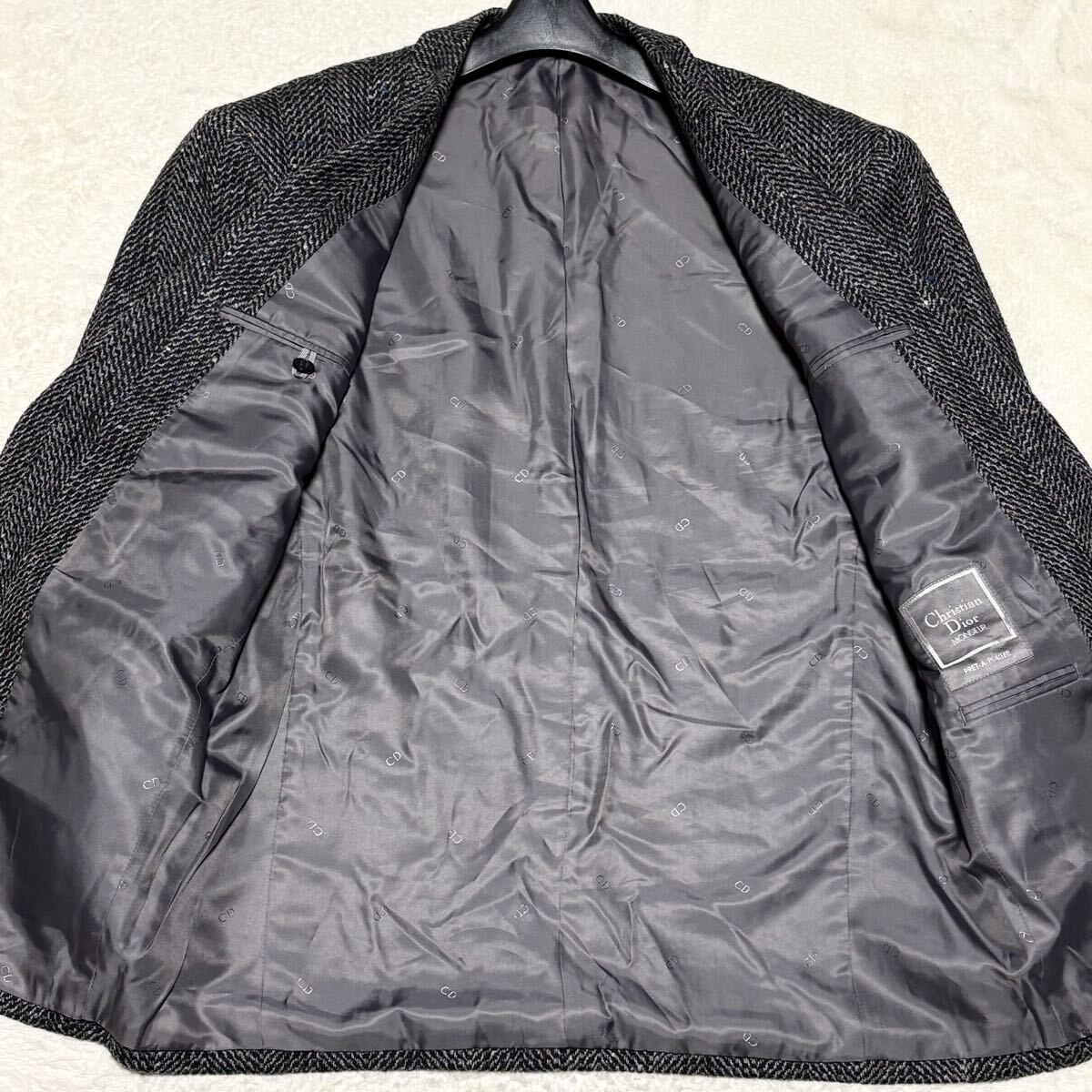 極美品/L◎クリスチャンディオール テーラードジャケット ツイード くるみボタン ヘリンボーン Christian Dior ウール グレー 秋冬 メンズ_画像3