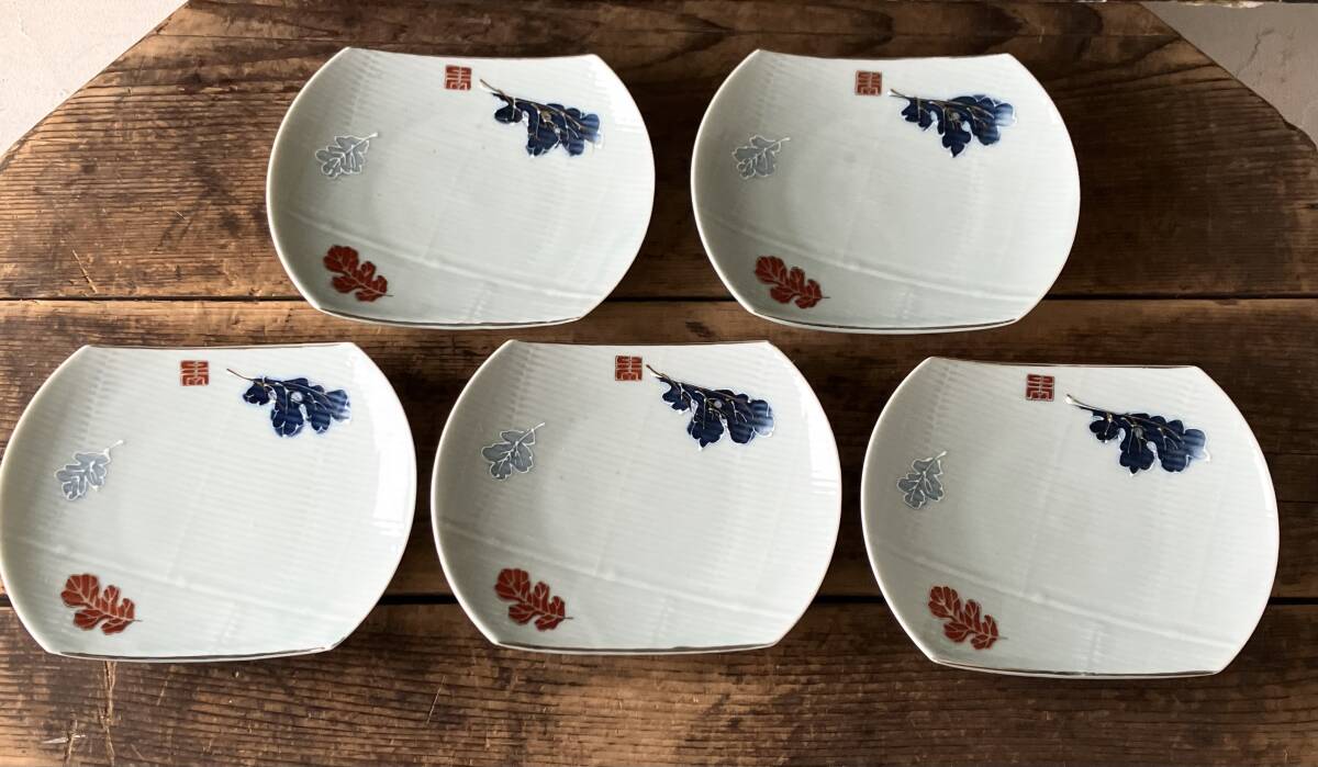 【OAN】時代物 銘有 色絵 印判 形皿 5枚セット 骨董 古美術 古道具 民藝 古民藝 茶道具 懐石 古玩 伊万里 九谷 瀬戸 無傷 I251025_画像1