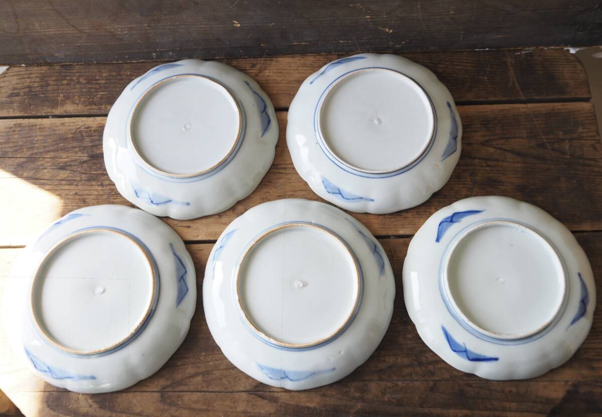 【OAN】時代物 染付 輪花 平皿 5客 骨董 古美術 古道具 古民藝 茶道具 懐石 古玩 染錦 古伊万里 九谷 瀬戸_画像3