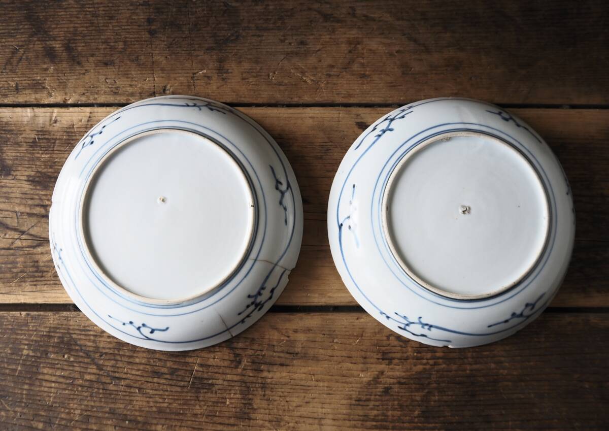 【OAN】 古伊万里 染付 6寸 皿 2枚セット 骨董 古美術 古道具 民藝 古民藝 茶道具 懐石 古玩 初期 藍九谷 藍柿 藍鍋 平皿 参考品 S25810_画像3