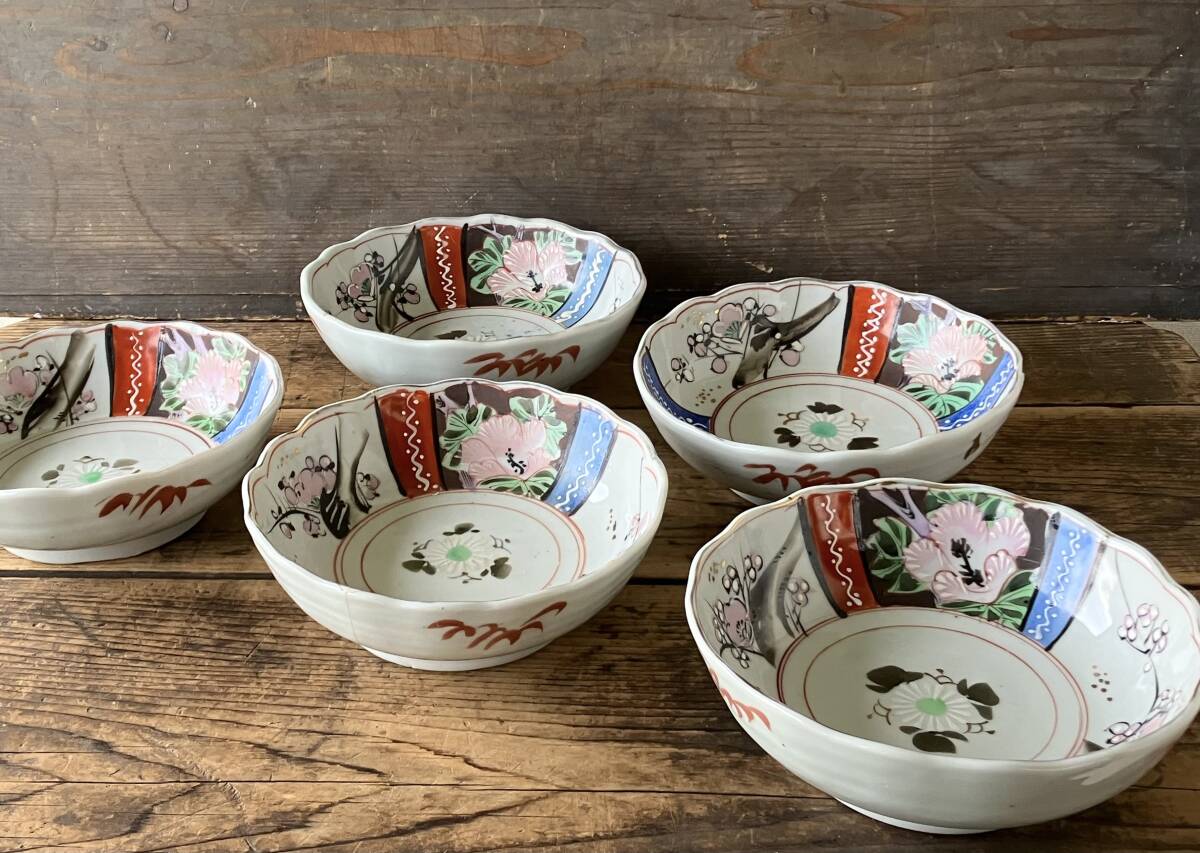 【OAN】 時代物 色絵印判 大膾皿 5枚セット 骨董 古美術 古道具 民藝 古民藝 茶道具 懐石 古玩 古伊万里 伊万里 瀬戸 九谷 I25111_画像1