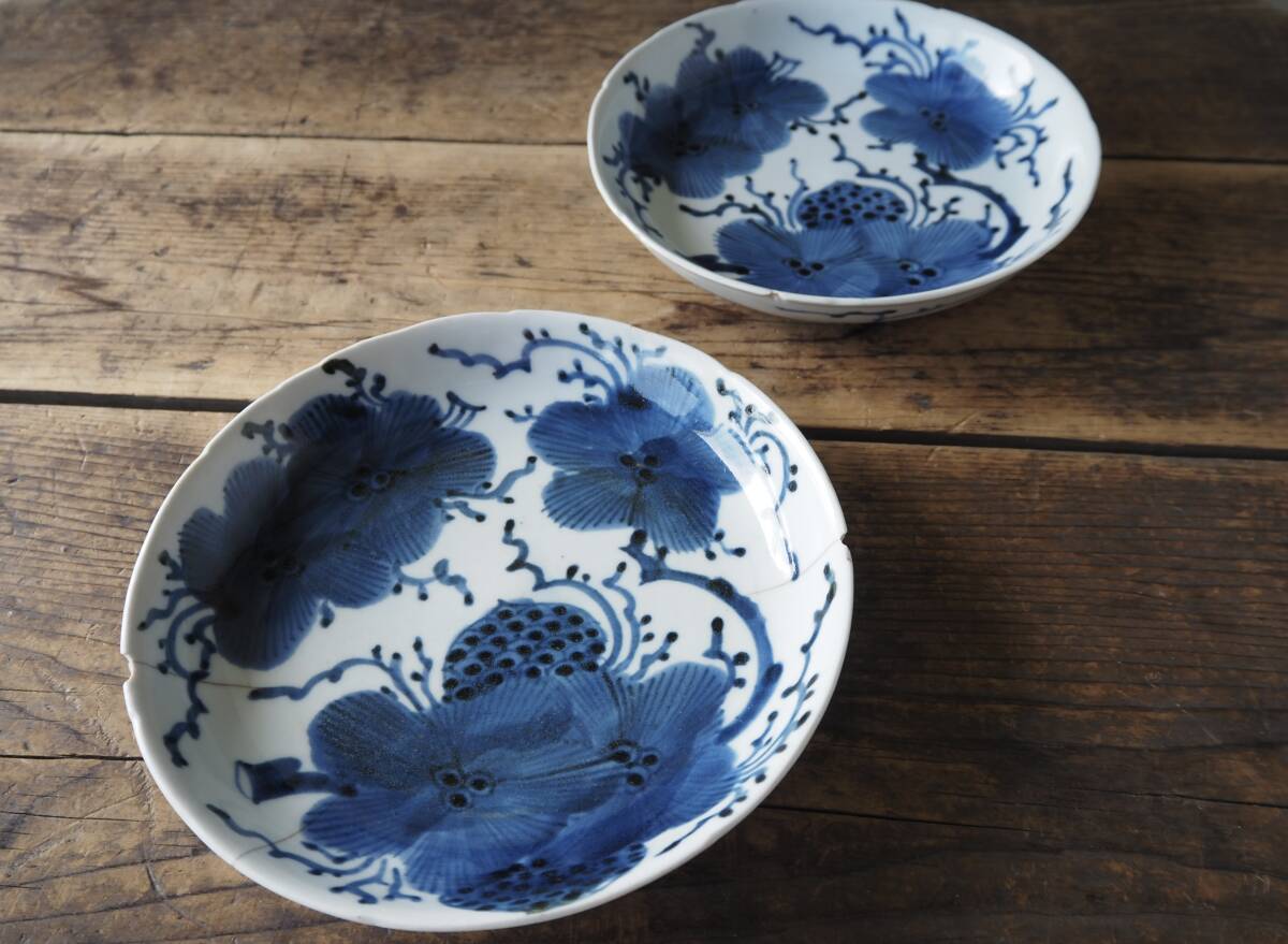 【OAN】 古伊万里 染付 6寸 皿 2枚セット 骨董 古美術 古道具 民藝 古民藝 茶道具 懐石 古玩 初期 藍九谷 藍柿 藍鍋 平皿 参考品 S25810_画像2