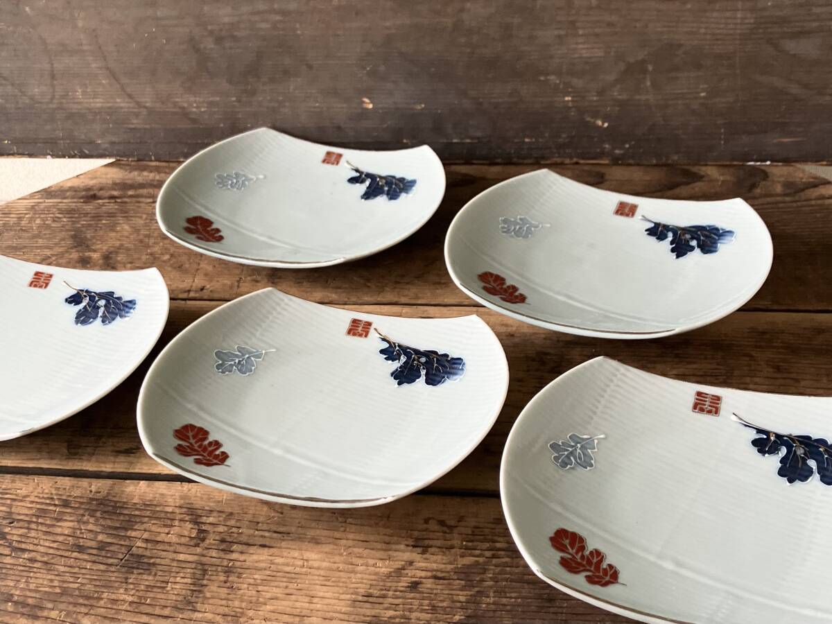 【OAN】時代物 銘有 色絵 印判 形皿 5枚セット 骨董 古美術 古道具 民藝 古民藝 茶道具 懐石 古玩 伊万里 九谷 瀬戸 無傷 I251025_画像2