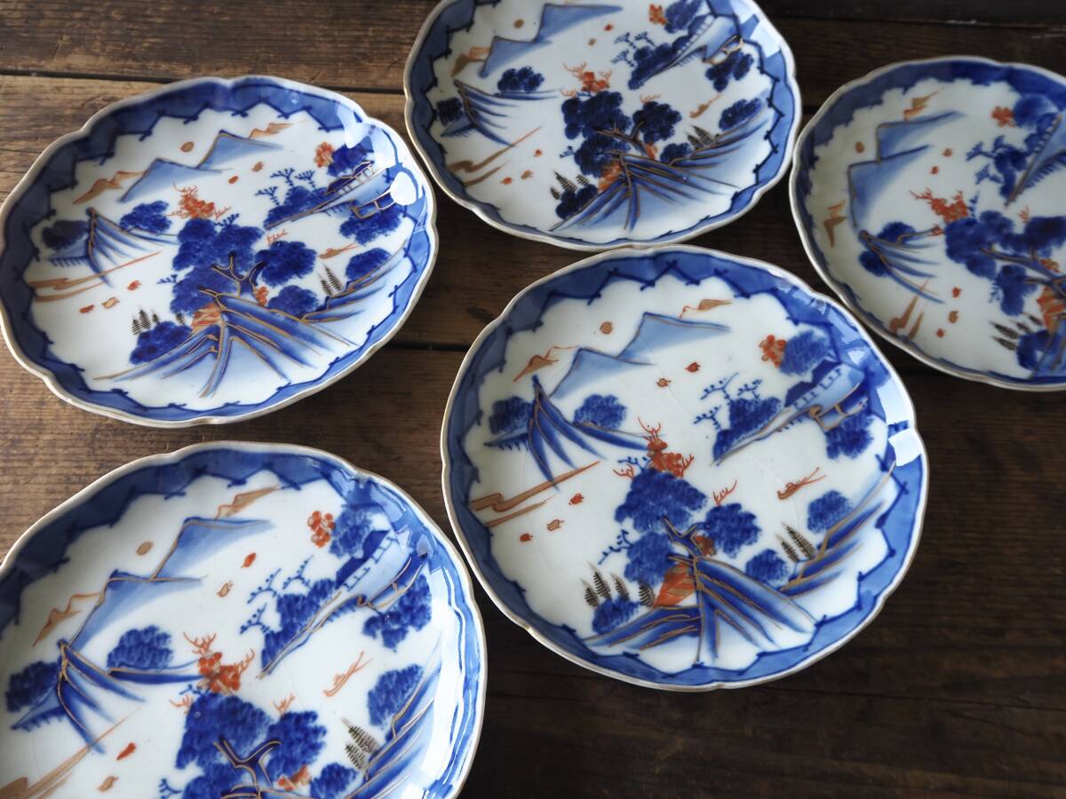 【OAN】時代物 染付 輪花 平皿 5客 骨董 古美術 古道具 古民藝 茶道具 懐石 古玩 染錦 古伊万里 九谷 瀬戸_画像1