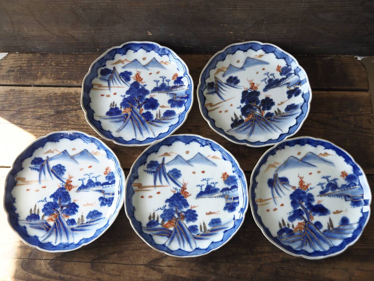 【OAN】時代物 染付 輪花 平皿 5客 骨董 古美術 古道具 古民藝 茶道具 懐石 古玩 染錦 古伊万里 九谷 瀬戸_画像2