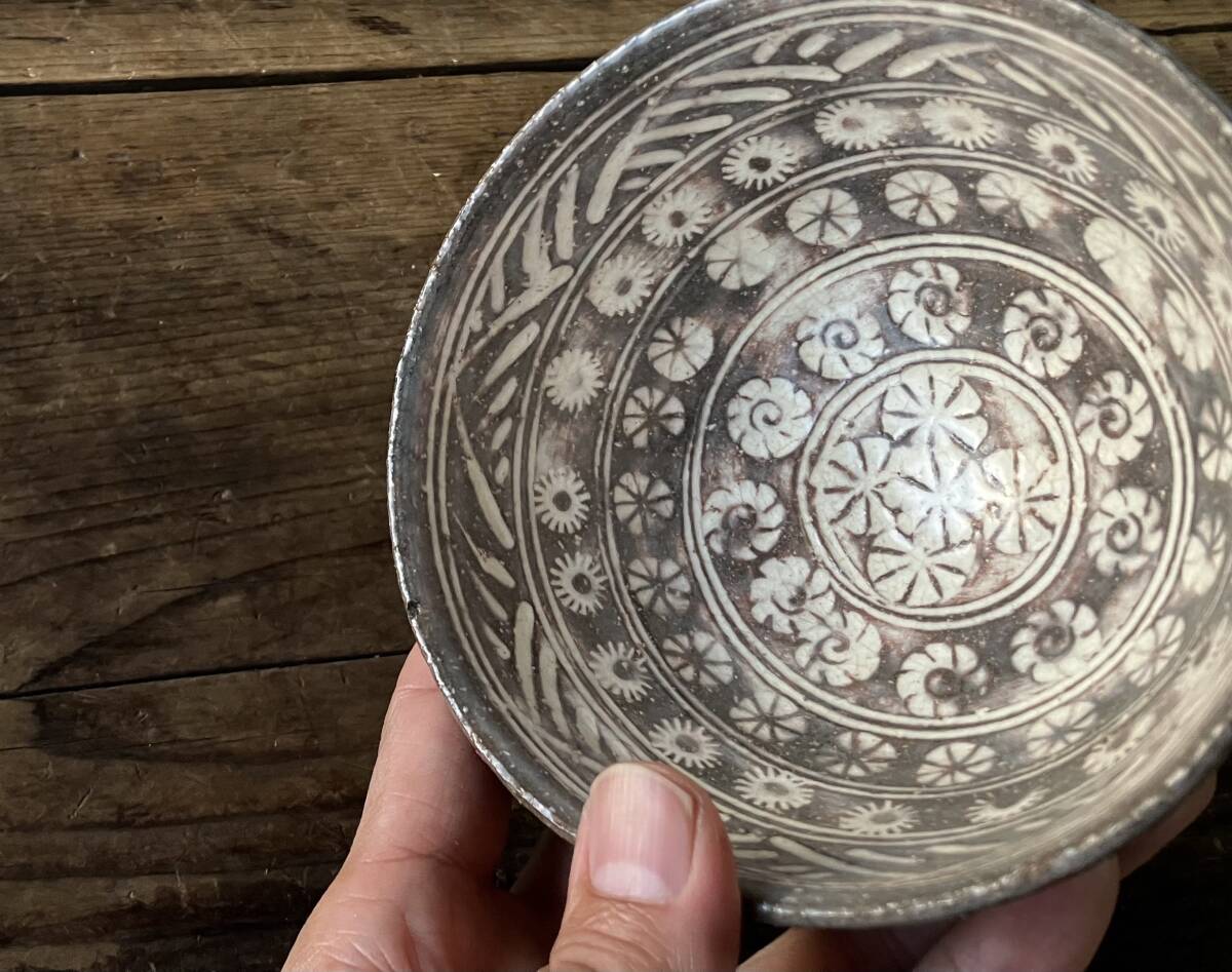 【OAN】 作家物 銘有 刷毛目 象嵌 茶碗 骨董 古美術 古道具 民藝 古民藝 茶道具 懐石 古玩 抹茶碗 三島手 E251115_画像6