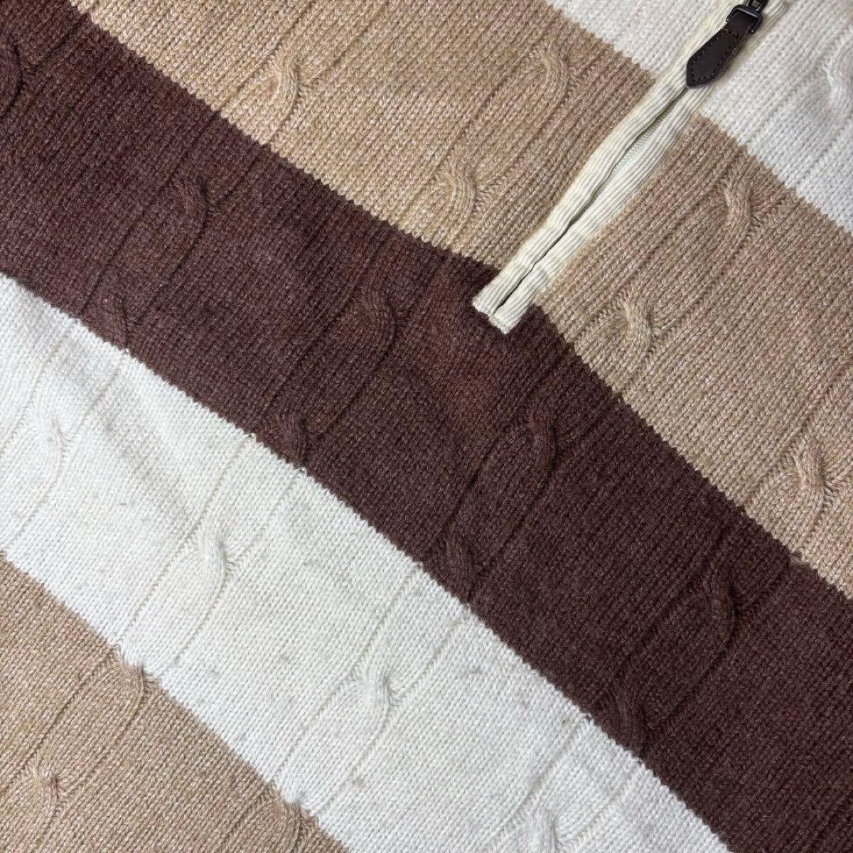 McGREGOR　ケーブルニット　ハーフジップ　カシミヤ　ウール　太ボーダー　マックレガー　セーター　レザージップ　希少素材　ブラウン　L_画像3