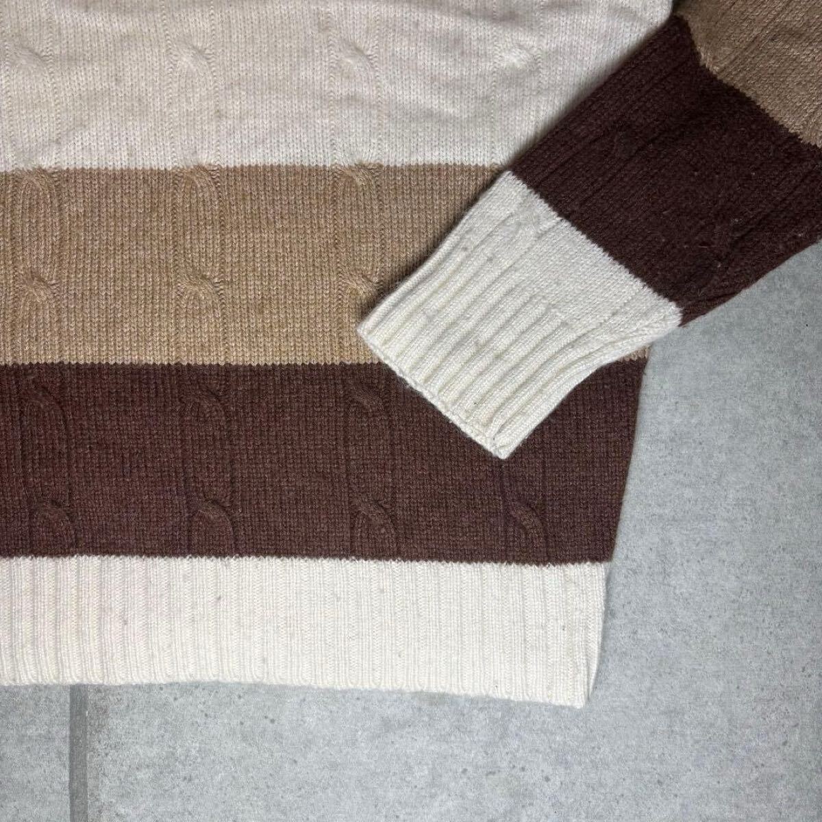 McGREGOR　ケーブルニット　ハーフジップ　カシミヤ　ウール　太ボーダー　マックレガー　セーター　レザージップ　希少素材　ブラウン　L_画像4