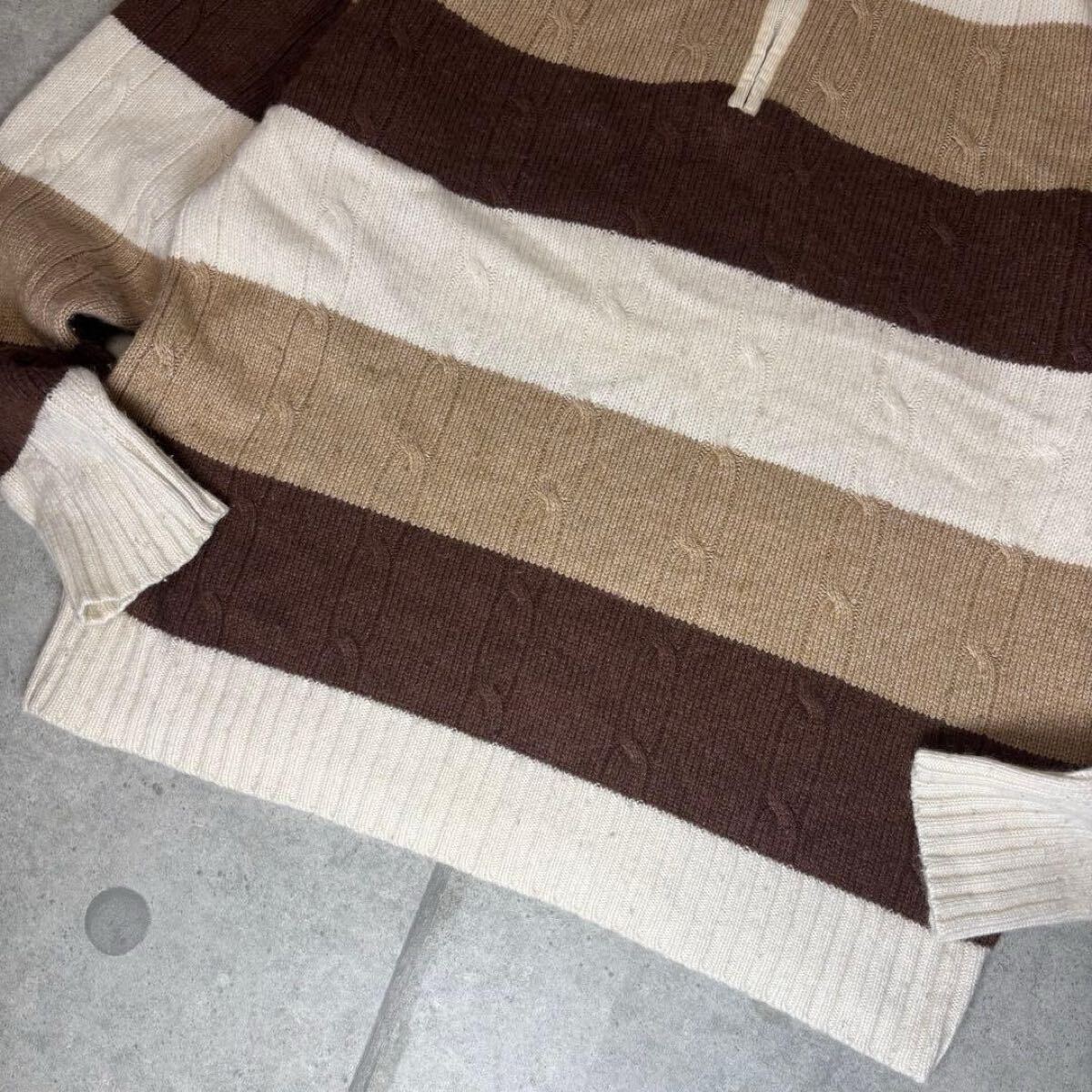 McGREGOR　ケーブルニット　ハーフジップ　カシミヤ　ウール　太ボーダー　マックレガー　セーター　レザージップ　希少素材　ブラウン　L_画像5